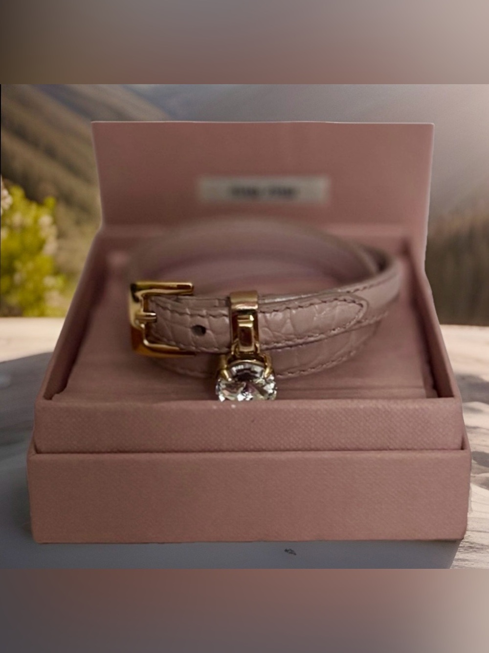 Miu Miu Madras-Crystal Leather Wrap Pink Bracelet with Box and papers
